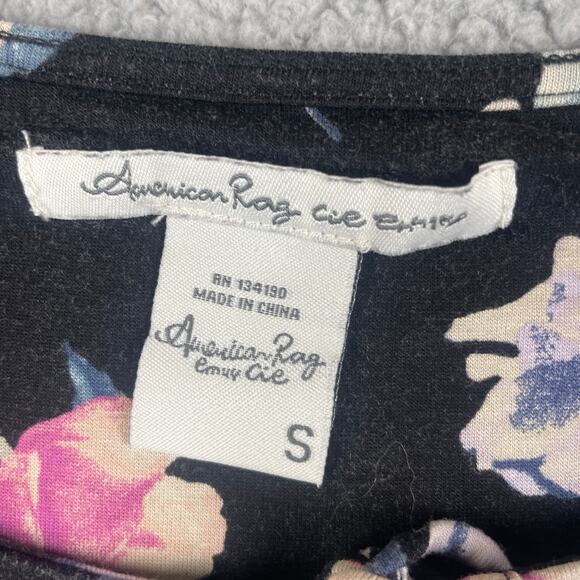 American Rag Women's Small Black Flower Rayon Spandex Long Sleeve Blouse - Picture 3 of 12